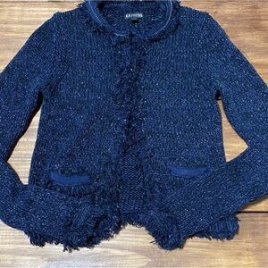 🌼CHARMING & UNIQUE🌼Hard to find  Navy Blue/silver textured knit fringed cardigan